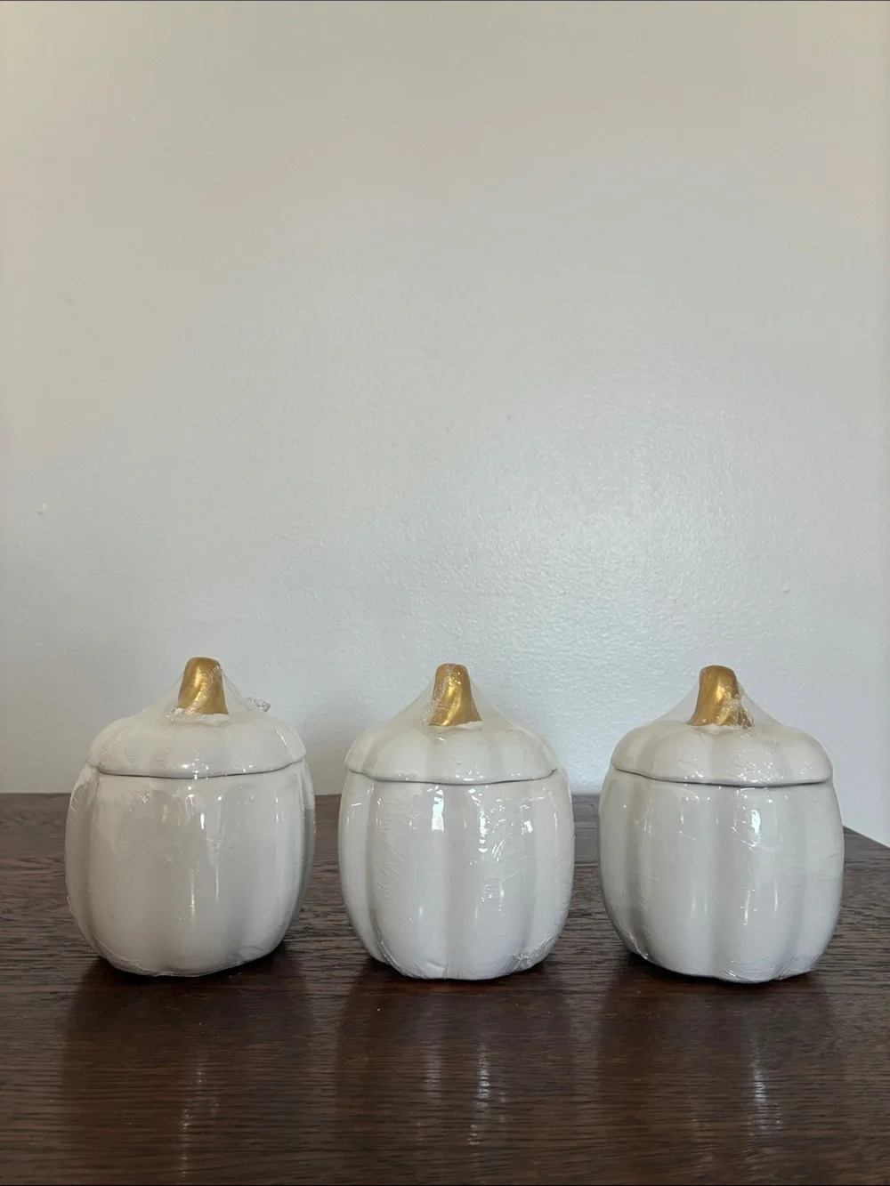 NWT- Set of 3- White Ceramic Pumpkin Jars with Lid & Gold Stems